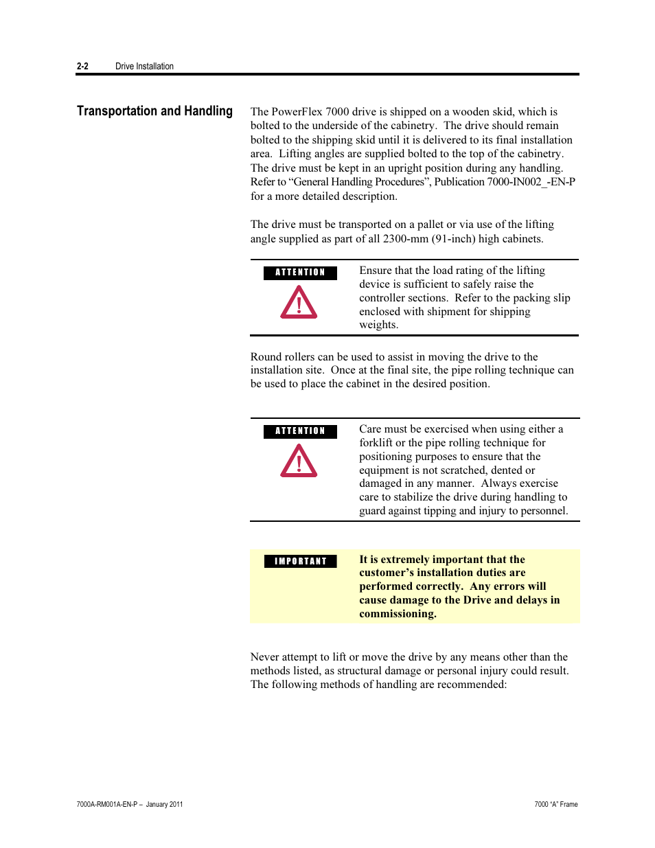 Transportation and handling | Rockwell Automation 7000A PowerFlex Medium Voltage AC Drive - Air-Cooled (A Frame) User Manual | Page 32 / 412