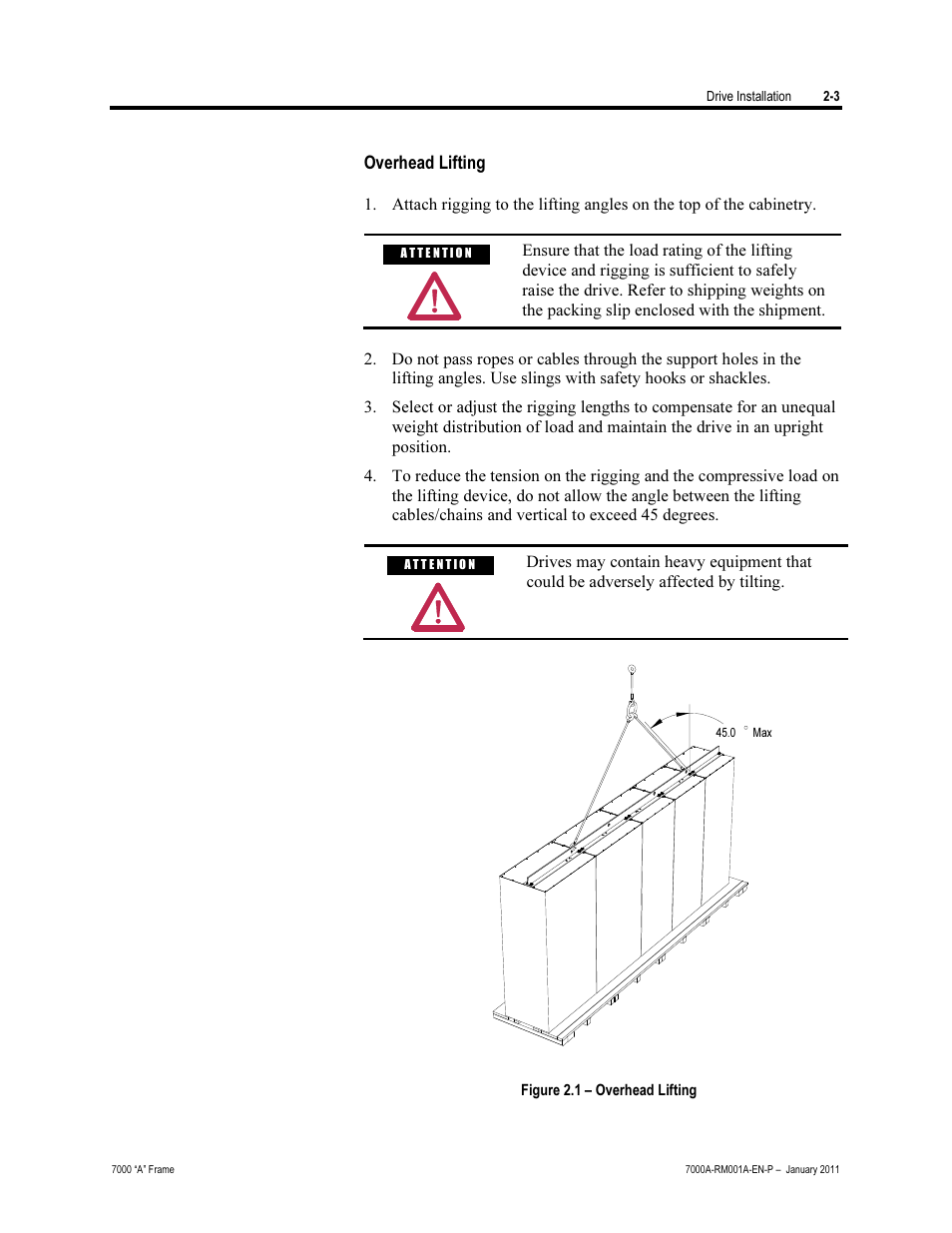 Overhead lifting | Rockwell Automation 7000A PowerFlex Medium Voltage AC Drive - Air-Cooled (A Frame) User Manual | Page 33 / 412