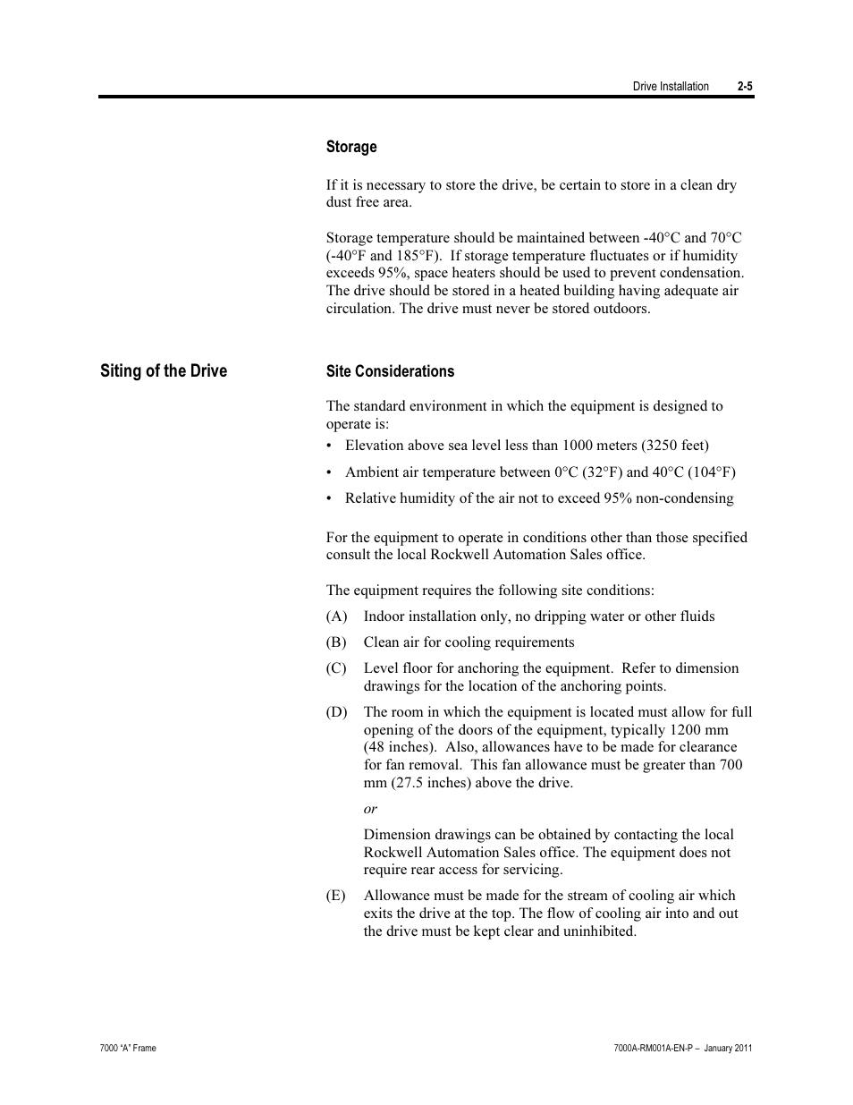 Storage, Siting of the drive, Site considerations | Rockwell Automation 7000A PowerFlex Medium Voltage AC Drive - Air-Cooled (A Frame) User Manual | Page 35 / 412