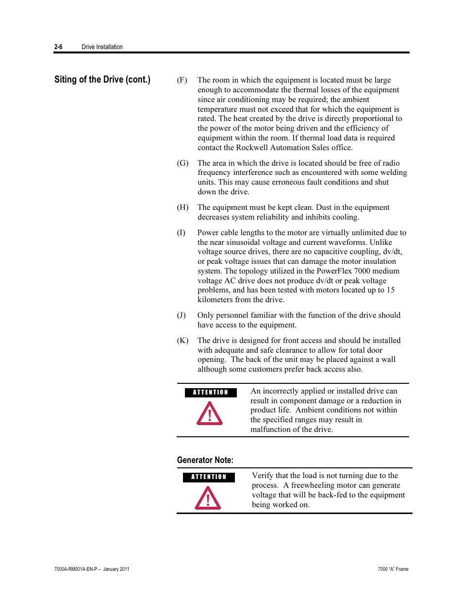Generator note, Siting of the drive (cont.) | Rockwell Automation 7000A PowerFlex Medium Voltage AC Drive - Air-Cooled (A Frame) User Manual | Page 36 / 412