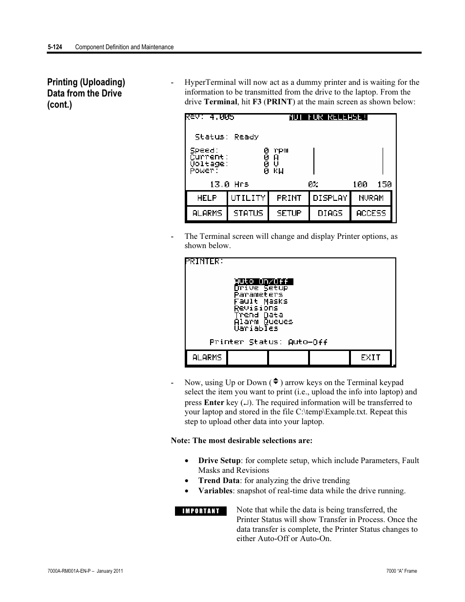 Printing (uploading) data from the drive (cont.) | Rockwell Automation 7000A PowerFlex Medium Voltage AC Drive - Air-Cooled (A Frame) User Manual | Page 366 / 412