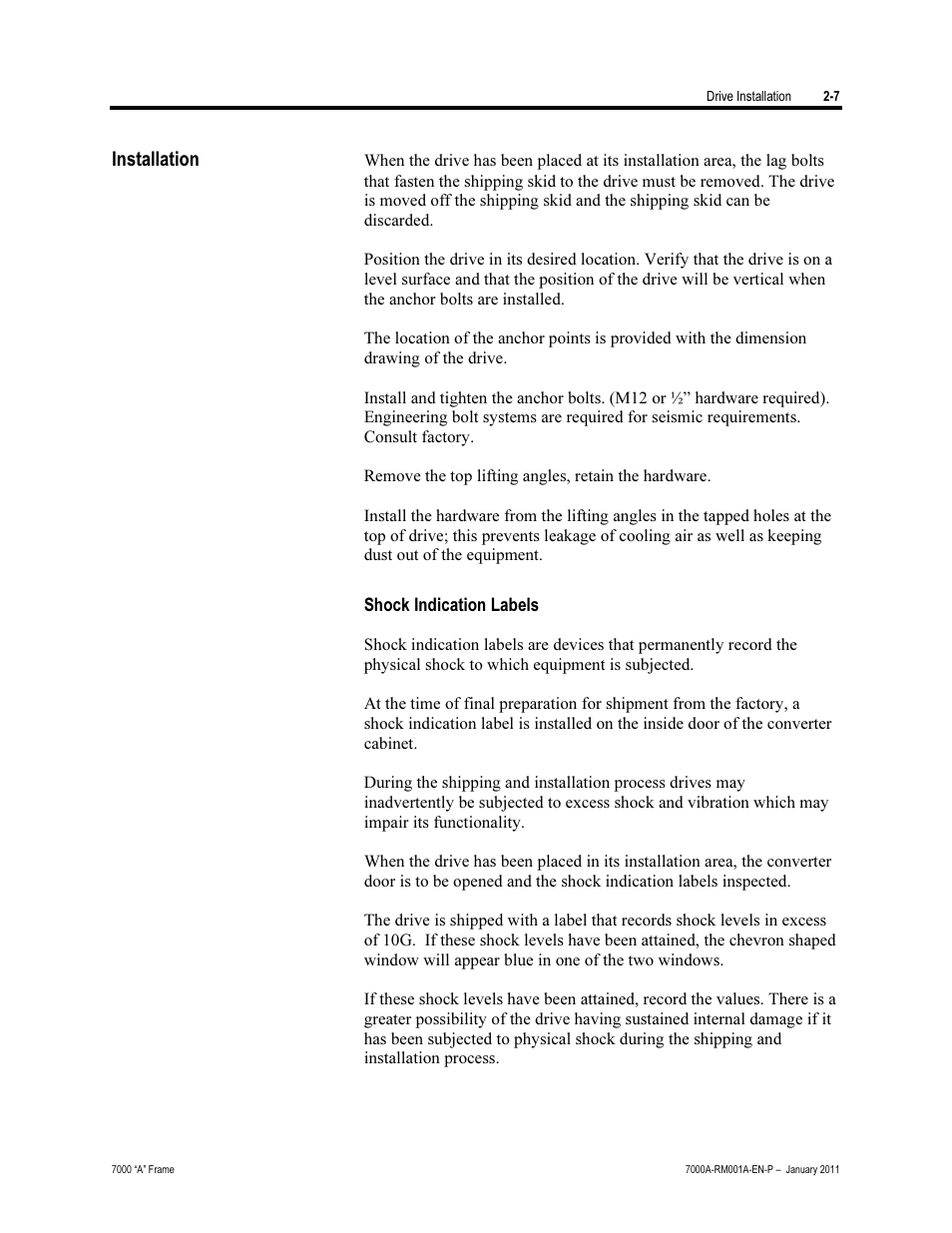 Installation, Shock indication labels | Rockwell Automation 7000A PowerFlex Medium Voltage AC Drive - Air-Cooled (A Frame) User Manual | Page 37 / 412