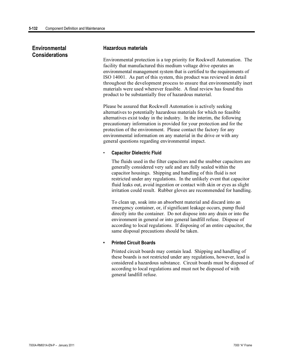 Environmental considerations, Hazardous materials | Rockwell Automation 7000A PowerFlex Medium Voltage AC Drive - Air-Cooled (A Frame) User Manual | Page 374 / 412