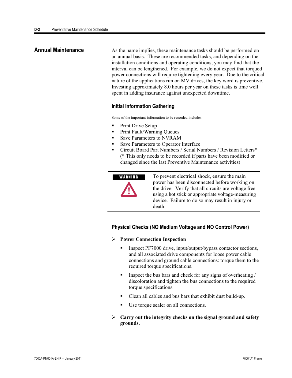 Annual maintenance | Rockwell Automation 7000A PowerFlex Medium Voltage AC Drive - Air-Cooled (A Frame) User Manual | Page 392 / 412