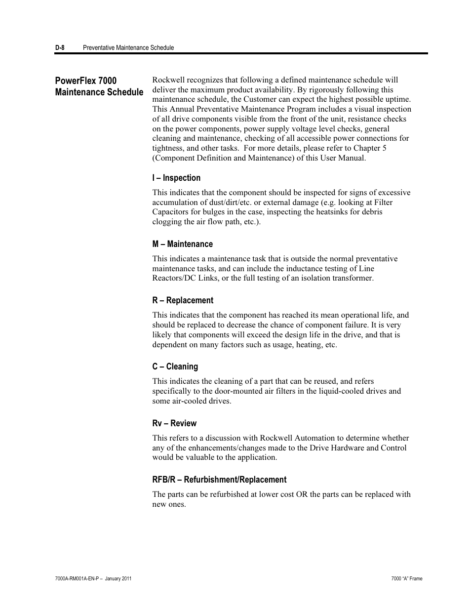 Maintenance schedule | Rockwell Automation 7000A PowerFlex Medium Voltage AC Drive - Air-Cooled (A Frame) User Manual | Page 398 / 412