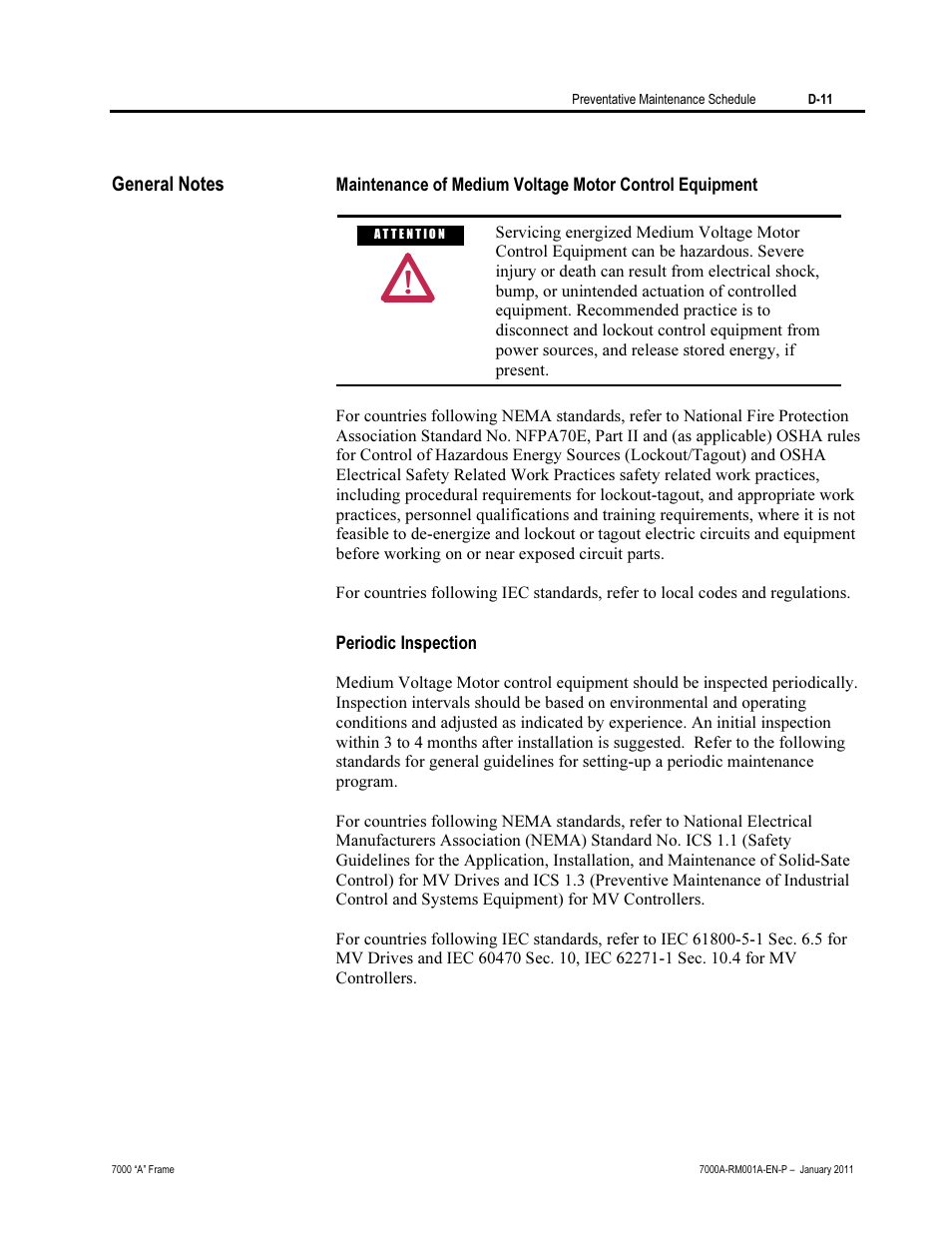 General notes, Maintenance of mv motor control equipment, Periodic inspection | Rockwell Automation 7000A PowerFlex Medium Voltage AC Drive - Air-Cooled (A Frame) User Manual | Page 401 / 412