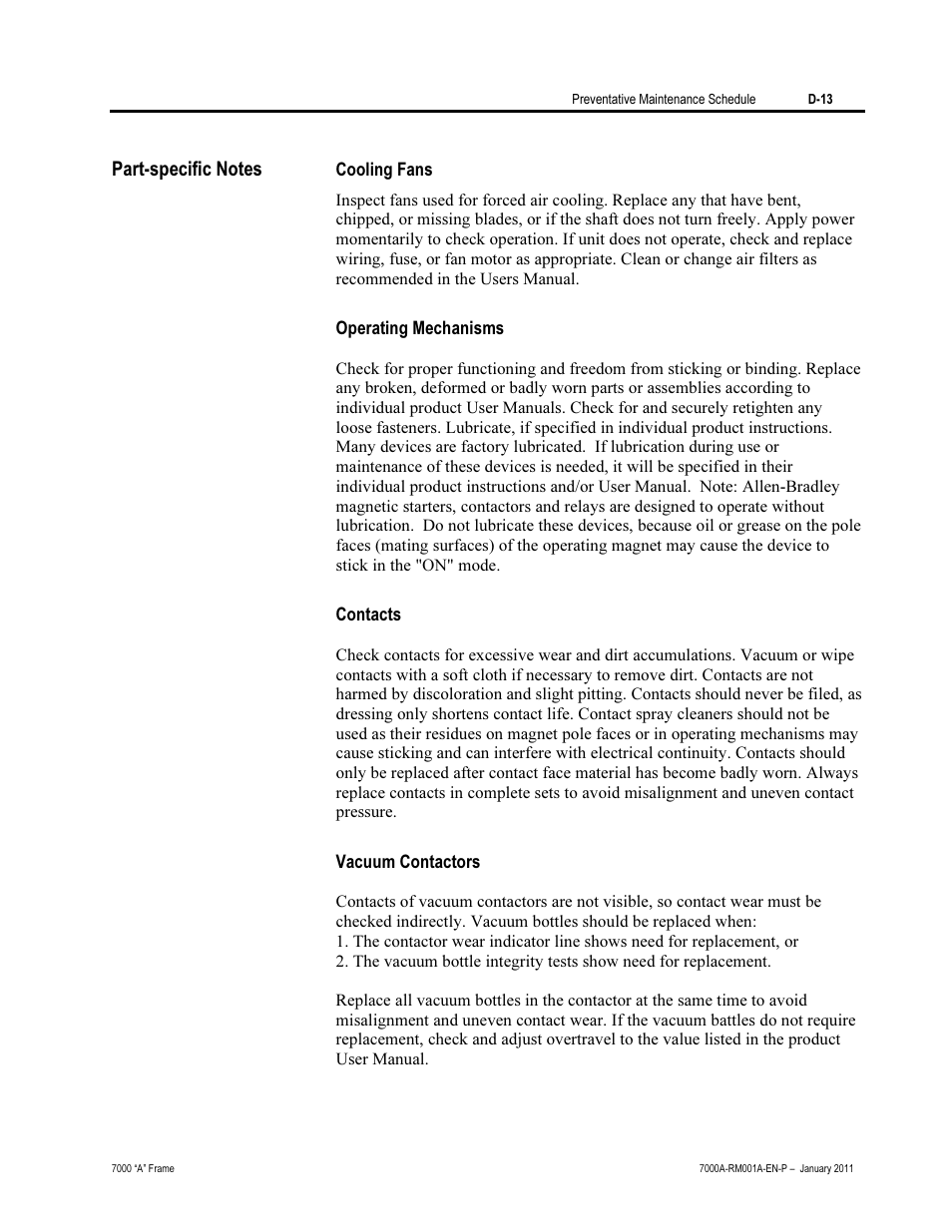 Part-specific notes, Cooling fans, Operating mechanisms | Contacts, Vacuum contactors | Rockwell Automation 7000A PowerFlex Medium Voltage AC Drive - Air-Cooled (A Frame) User Manual | Page 403 / 412