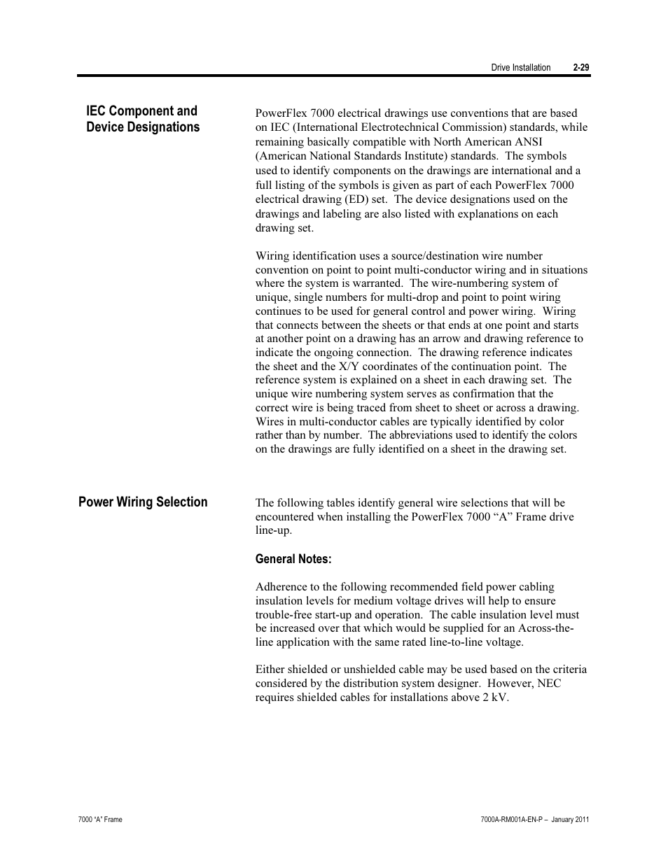 Iec component and device designations, Power wiring selection | Rockwell Automation 7000A PowerFlex Medium Voltage AC Drive - Air-Cooled (A Frame) User Manual | Page 59 / 412