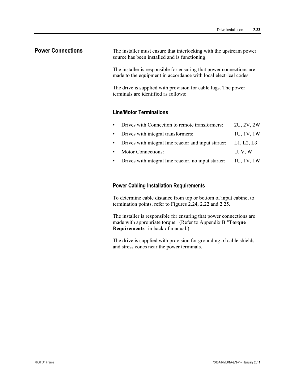 Power connections, Line/motor terminations, Power cabling installation requirements | Rockwell Automation 7000A PowerFlex Medium Voltage AC Drive - Air-Cooled (A Frame) User Manual | Page 63 / 412