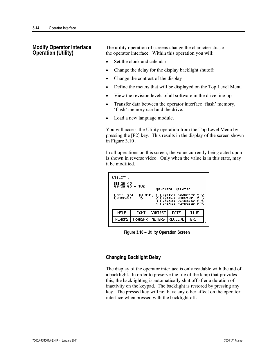 Modify operator interface operation (utility), Changing backlight delay, Modify operator interface | Operation (utility) | Rockwell Automation 7000A PowerFlex Medium Voltage AC Drive - Air-Cooled (A Frame) User Manual | Page 88 / 412