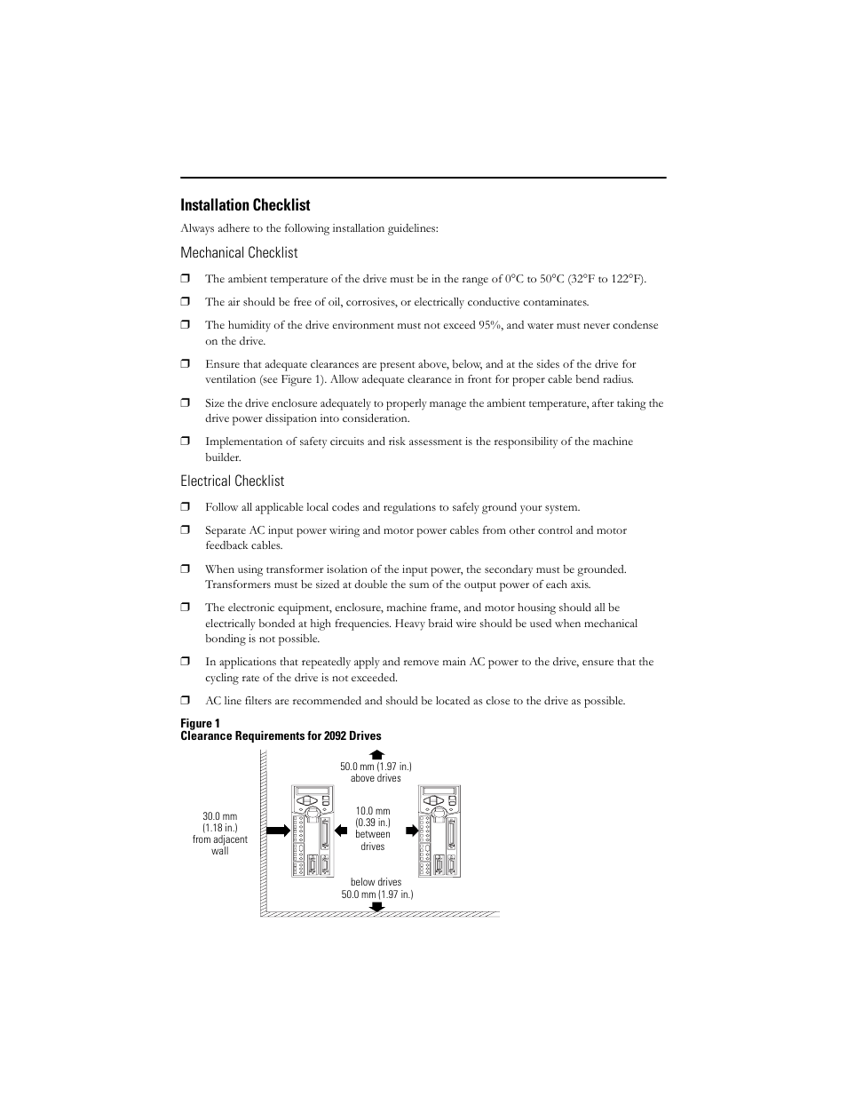 Installation checklist, Mechanical checklist, Electrical checklist | Figure 1 clearance requirements for 2092 drives | Rockwell Automation 2092-DAx Ultra1500 Digital Servo Drive Quick Start User Manual | Page 2 / 16