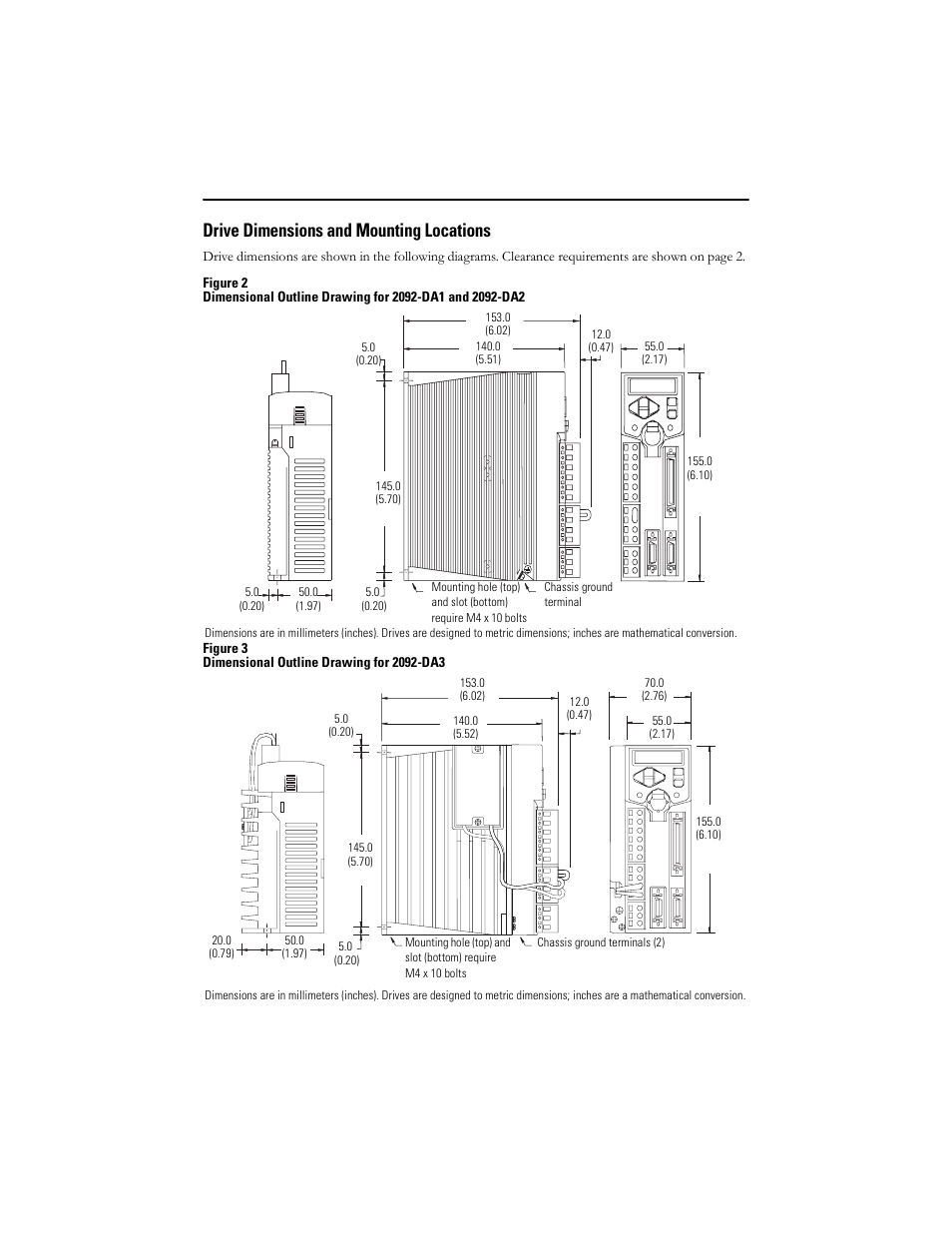 Drive dimensions and mounting locations, Figure 3 dimensional outline drawing for 2092-da3 | Rockwell Automation 2092-DAx Ultra1500 Digital Servo Drive Quick Start User Manual | Page 3 / 16