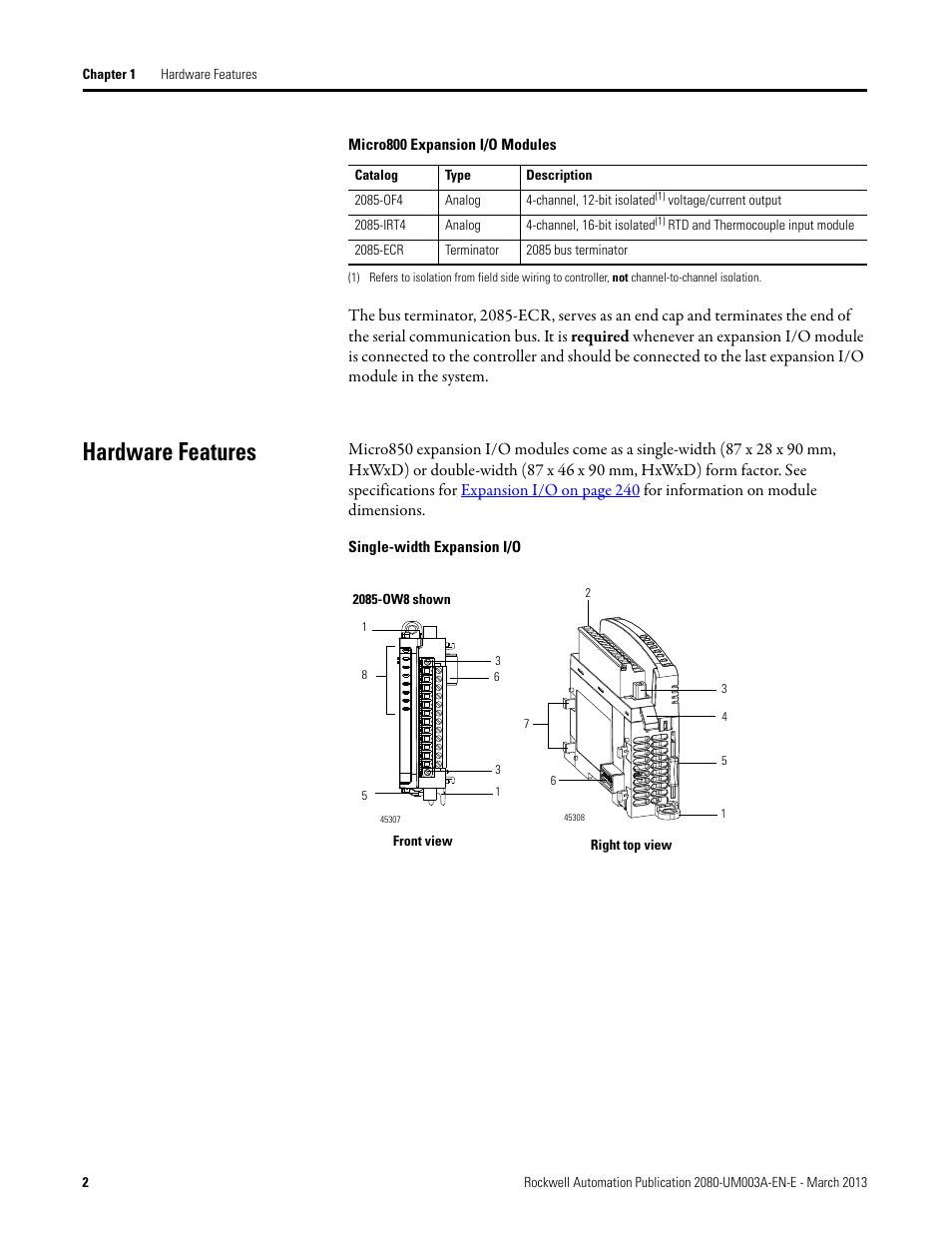 Hardware features, Single-width expansion i/o | Rockwell Automation 2085 Micro800 Discrete and Analog Expansion I/O Modules User Manual | Page 10 / 78