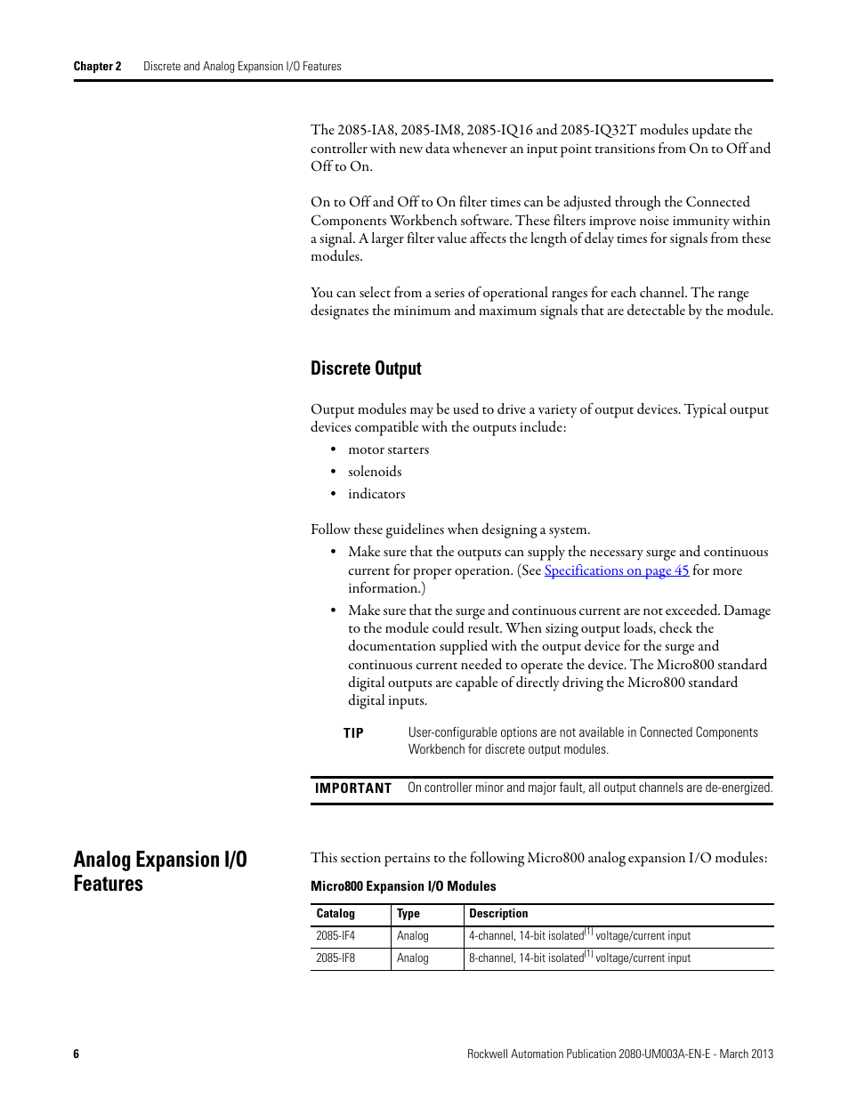 Discrete output, Analog expansion i/o features, Micro800 expansion i/o modules | Rockwell Automation 2085 Micro800 Discrete and Analog Expansion I/O Modules User Manual | Page 14 / 78