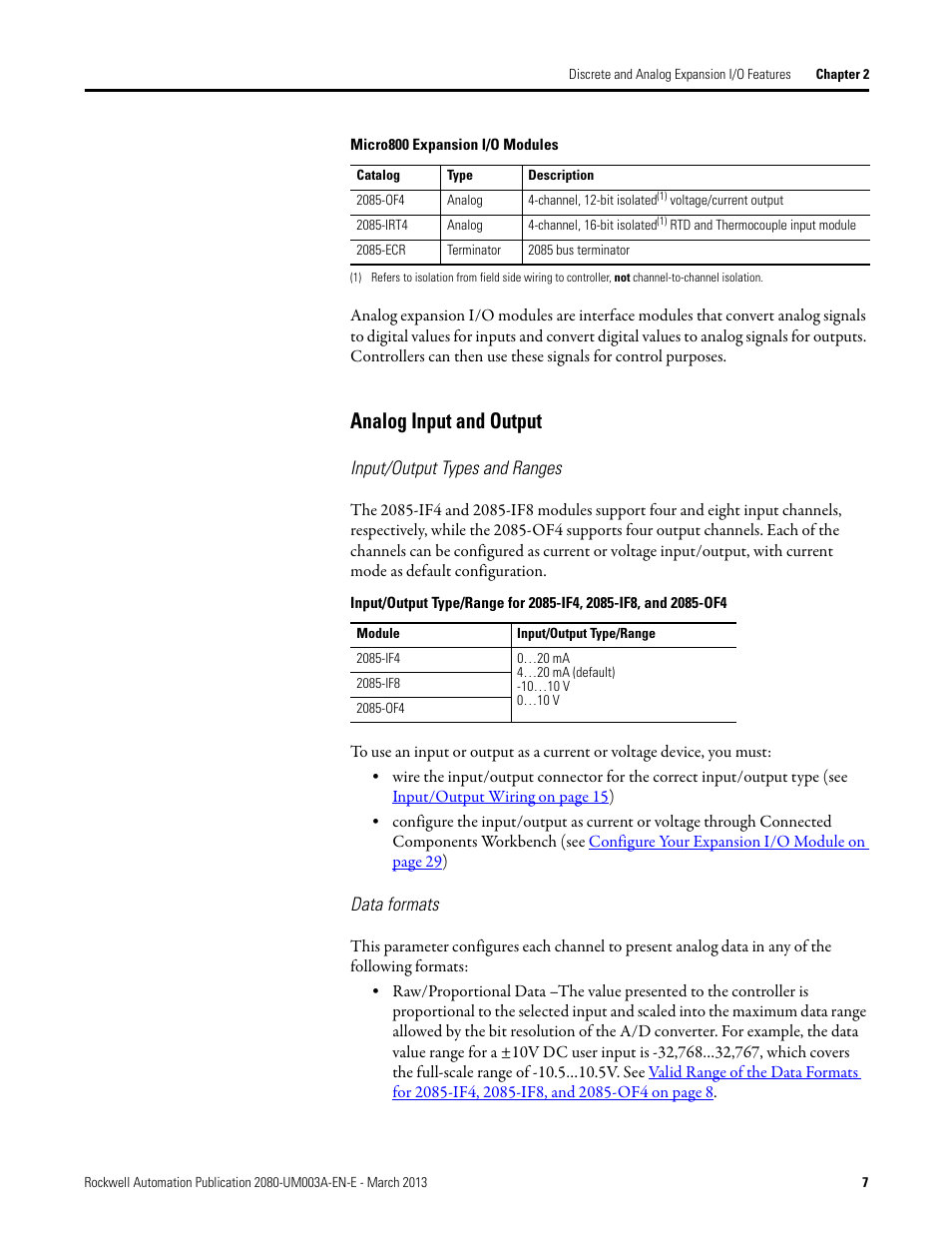 Analog input and output, Input/output types and ranges, Data formats | Rockwell Automation 2085 Micro800 Discrete and Analog Expansion I/O Modules User Manual | Page 15 / 78