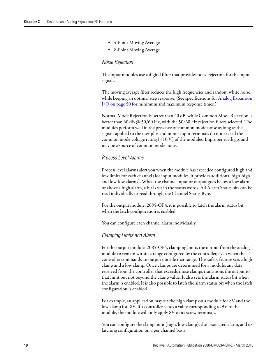 Noise rejection, Process level alarms, Clamping limits and alarm | Rockwell Automation 2085 Micro800 Discrete and Analog Expansion I/O Modules User Manual | Page 18 / 78