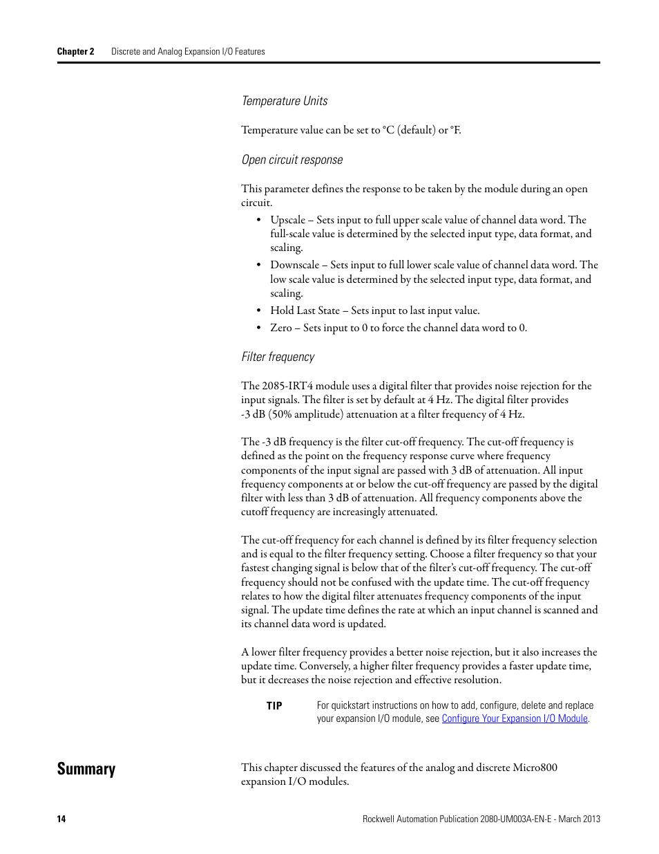Temperature units, Open circuit response, Filter frequency | Summary | Rockwell Automation 2085 Micro800 Discrete and Analog Expansion I/O Modules User Manual | Page 22 / 78