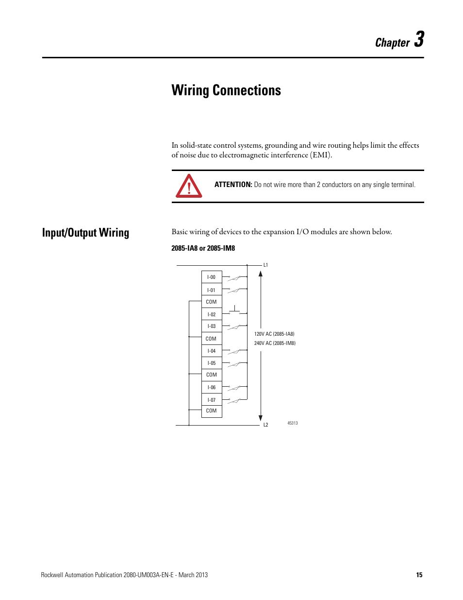 3 – wiring connections, Input/output wiring, Chapter 3 | Wiring connections, Chapter | Rockwell Automation 2085 Micro800 Discrete and Analog Expansion I/O Modules User Manual | Page 23 / 78