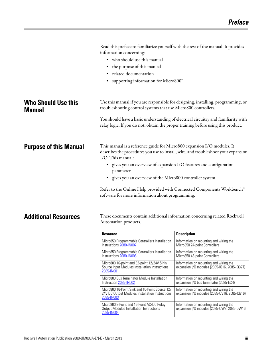 Preface, Who should use this manual, Purpose of this manual | Additional resources | Rockwell Automation 2085 Micro800 Discrete and Analog Expansion I/O Modules User Manual | Page 3 / 78