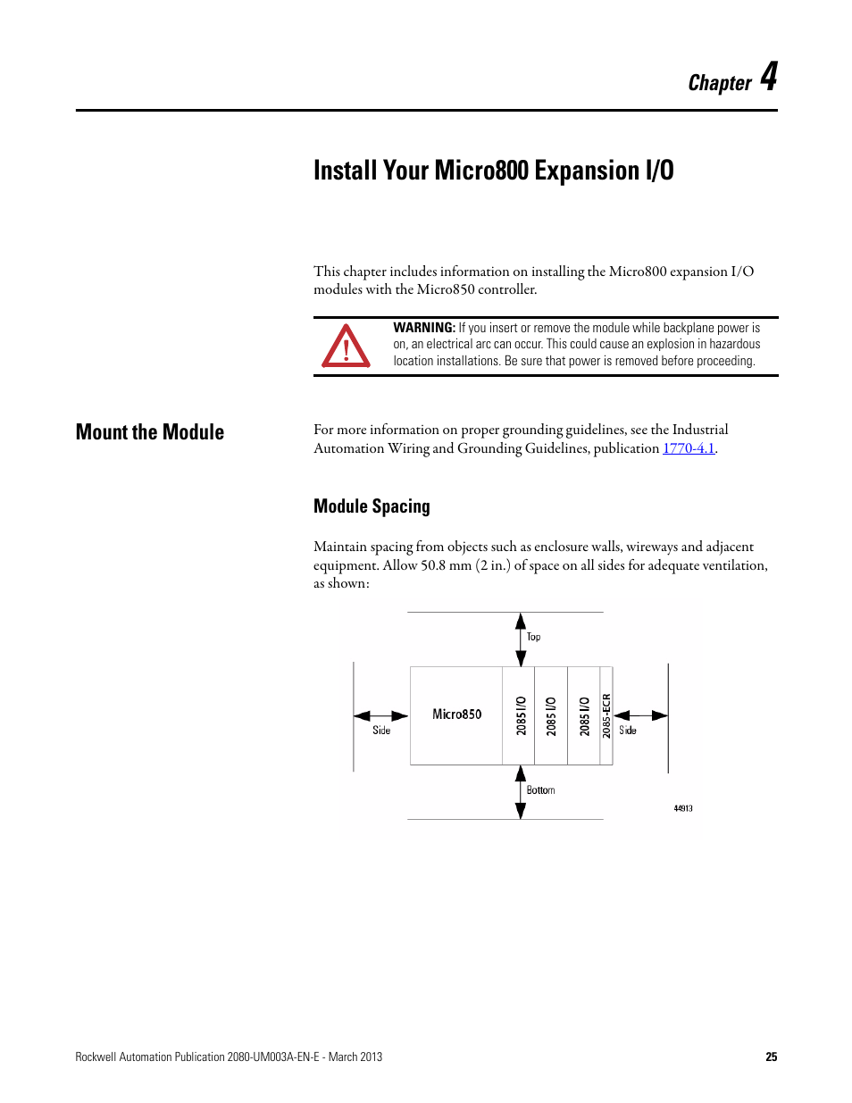 4 – install your micro800 expansion i/o, Mount the module, Module spacing | Chapter 4, Install your micro800 expansion i/o | Rockwell Automation 2085 Micro800 Discrete and Analog Expansion I/O Modules User Manual | Page 33 / 78