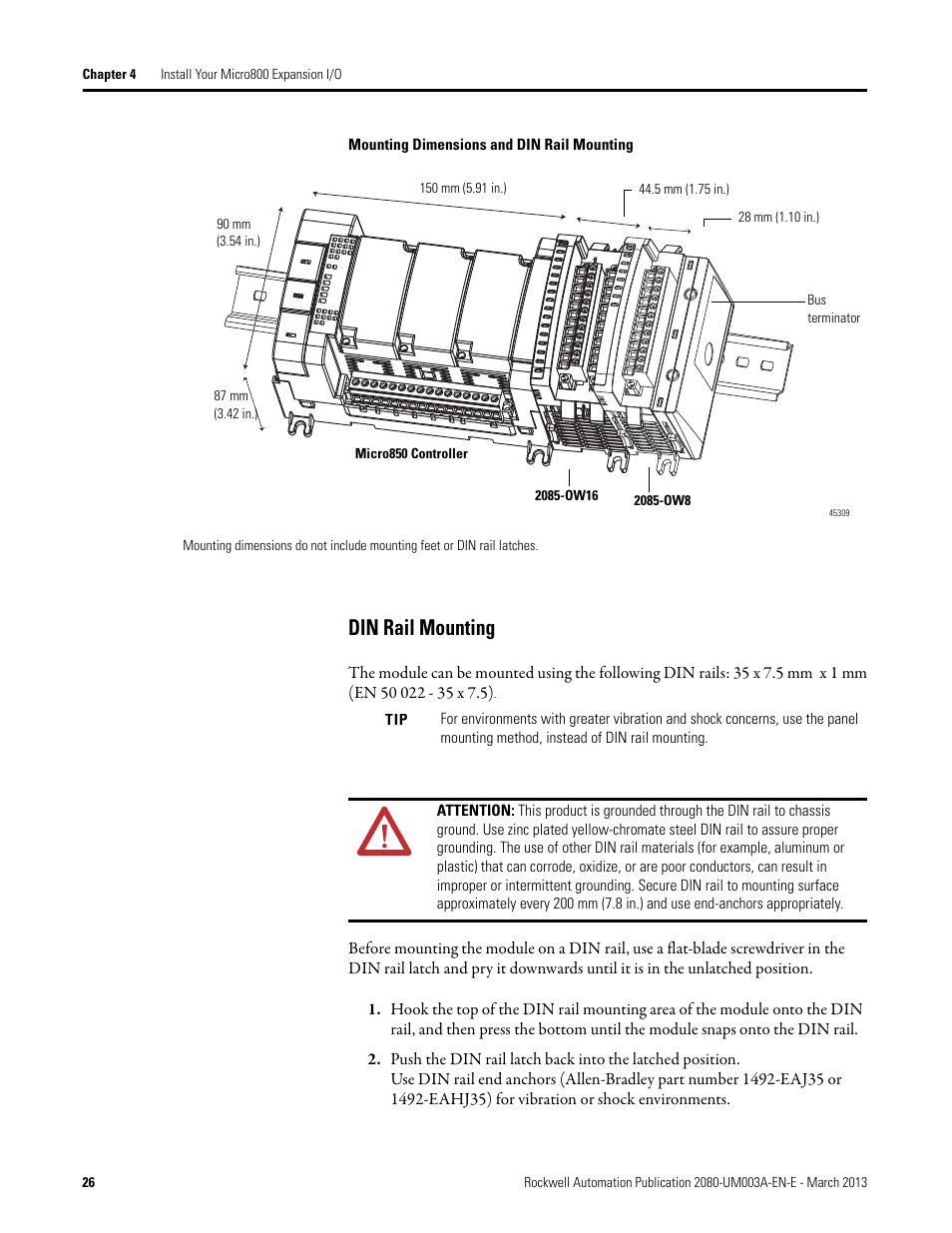 Din rail mounting | Rockwell Automation 2085 Micro800 Discrete and Analog Expansion I/O Modules User Manual | Page 34 / 78