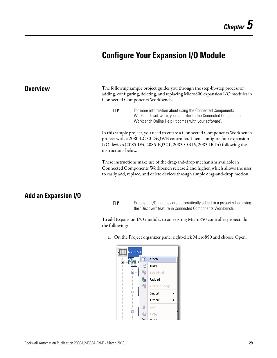 5 – configure your expansion i/o module, Overview, Add an expansion i/o | Chapter 5, Configure your expansion i/o module, Overview add an expansion i/o, Configure your expansion i/o module on, Chapter | Rockwell Automation 2085 Micro800 Discrete and Analog Expansion I/O Modules User Manual | Page 37 / 78