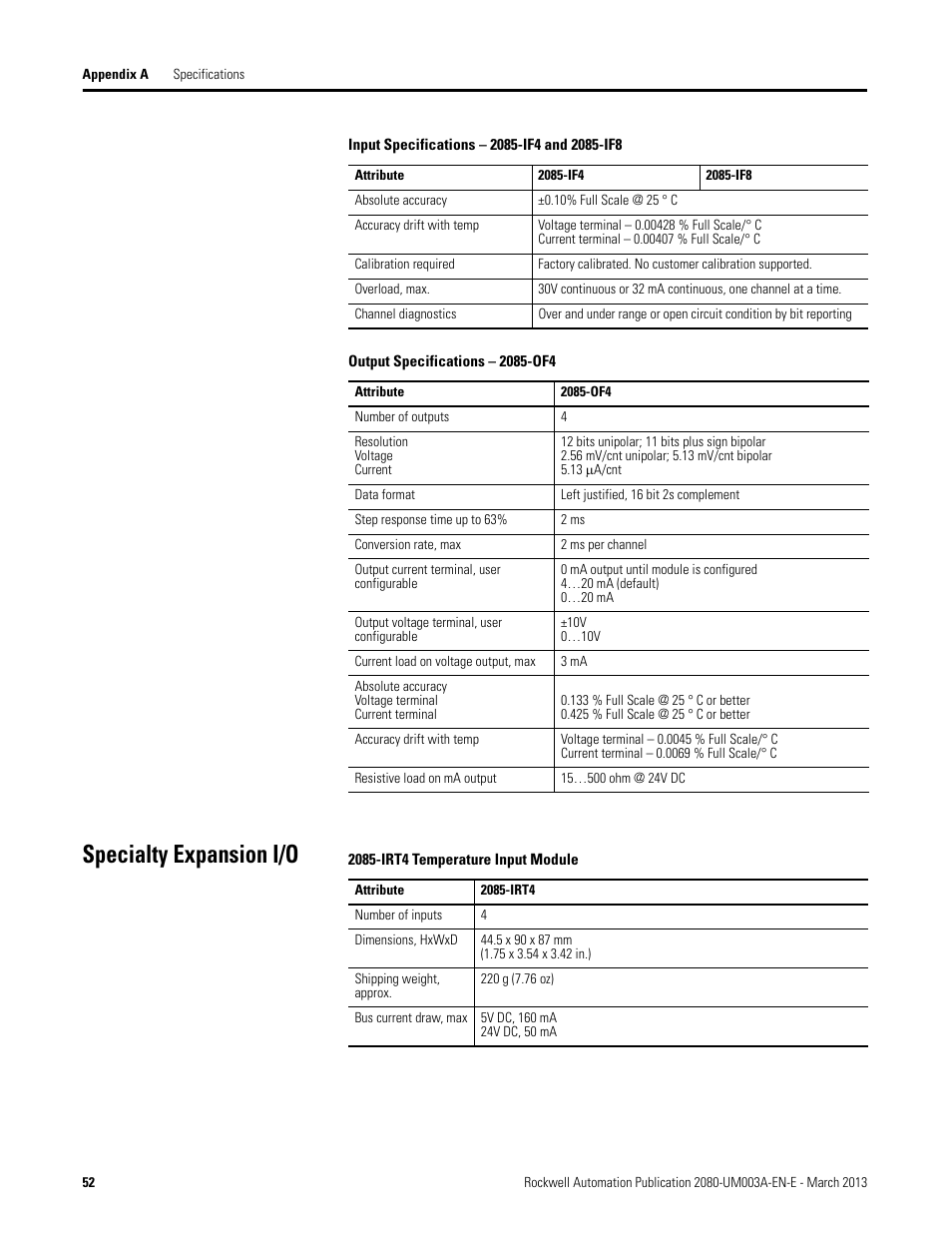 Output specifications – 2085-of4, Specialty expansion i/o, 2085-irt4 temperature input module | Rockwell Automation 2085 Micro800 Discrete and Analog Expansion I/O Modules User Manual | Page 60 / 78