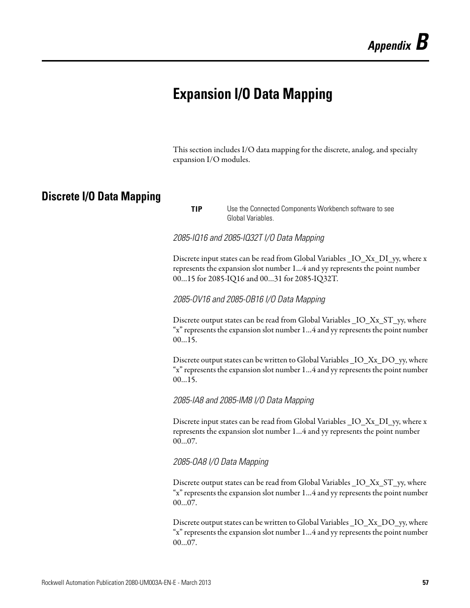 B – expansion i/o data mapping, Discrete i/o data mapping, 2085-iq16 and 2085-iq32t i/o data mapping | 2085-ov16 and 2085-ob16 i/o data mapping, 2085-ia8 and 2085-im8 i/o data mapping, 2085-oa8 i/o data mapping, Appendix b, Expansion i/o data mapping, Appendix | Rockwell Automation 2085 Micro800 Discrete and Analog Expansion I/O Modules User Manual | Page 65 / 78