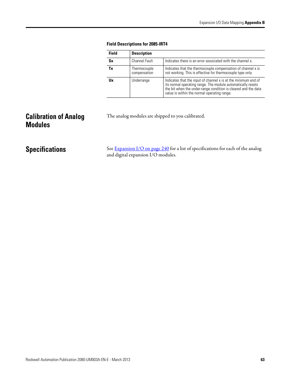 Calibration of analog modules, Specifications, Calibration of analog modules specifications | Rockwell Automation 2085 Micro800 Discrete and Analog Expansion I/O Modules User Manual | Page 71 / 78