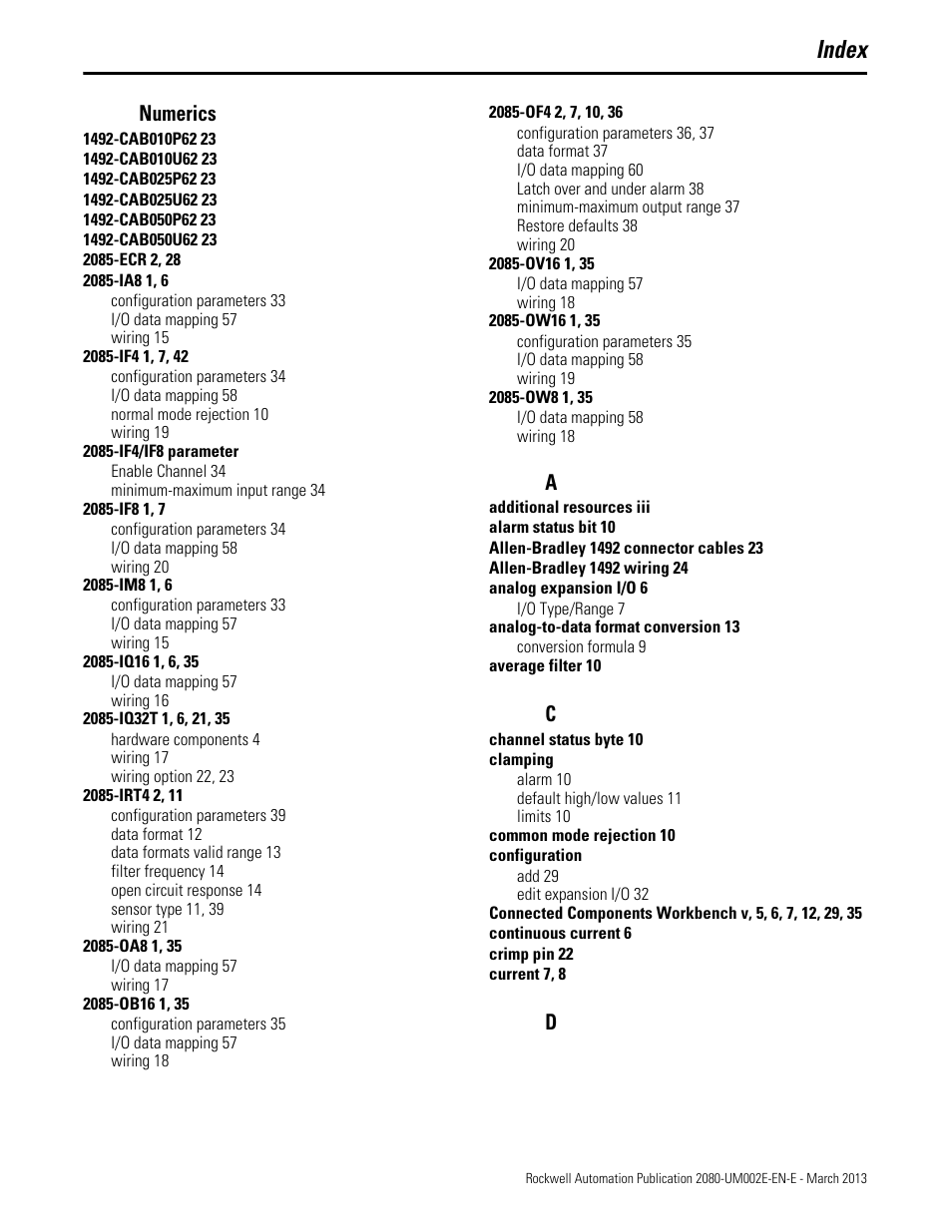 Index, Numerics | Rockwell Automation 2085 Micro800 Discrete and Analog Expansion I/O Modules User Manual | Page 73 / 78