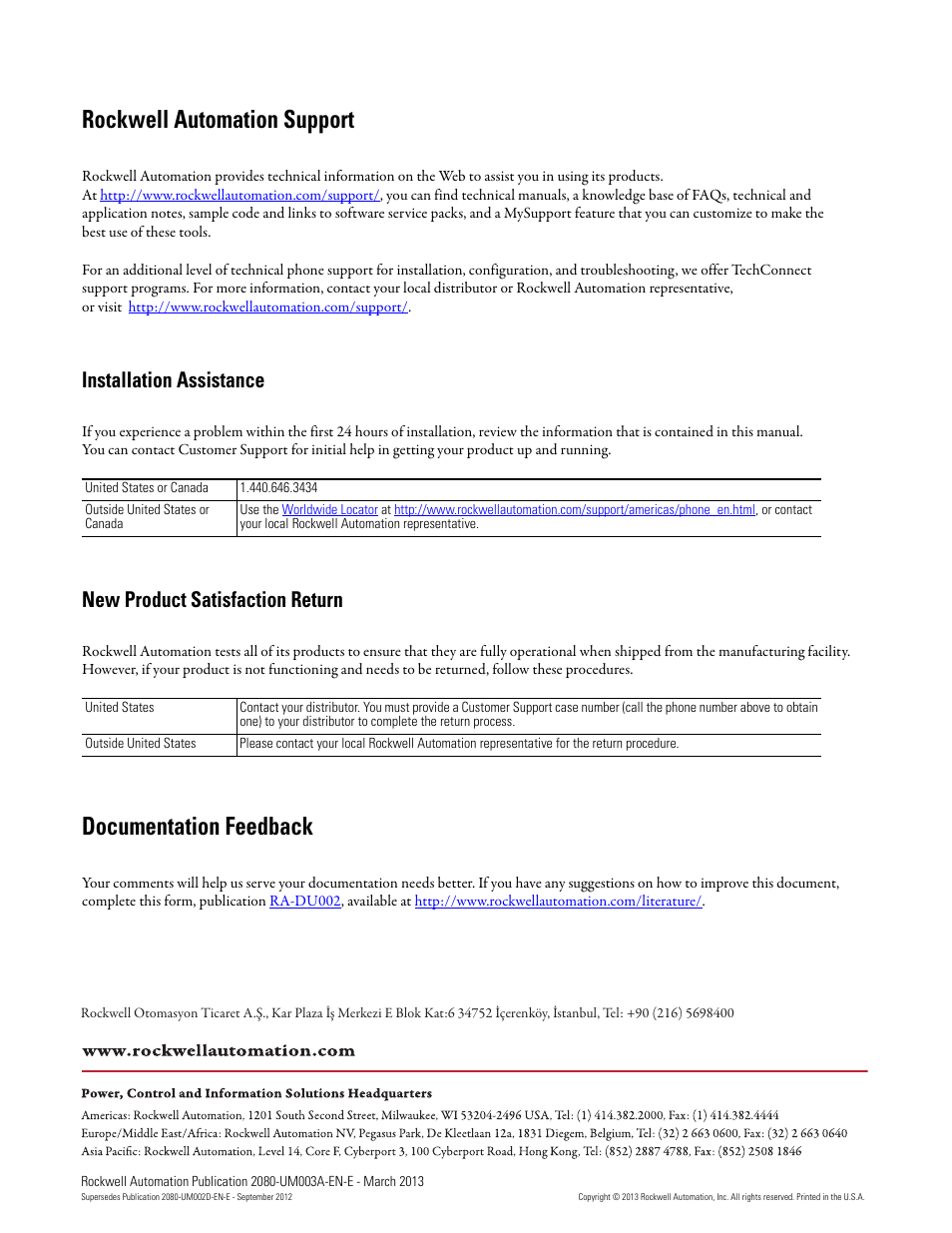 Back cover, Rockwell automation support, Documentation feedback | Installation assistance, New product satisfaction return | Rockwell Automation 2085 Micro800 Discrete and Analog Expansion I/O Modules User Manual | Page 78 / 78