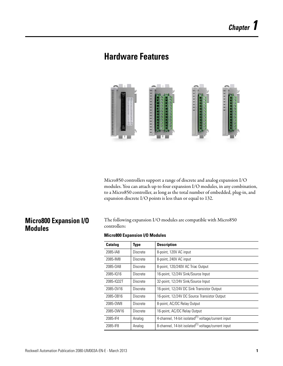 1 – hardware features, Hardware features, Micro800 expansion i/o modules | Chapter 1, Chapter | Rockwell Automation 2085 Micro800 Discrete and Analog Expansion I/O Modules User Manual | Page 9 / 78