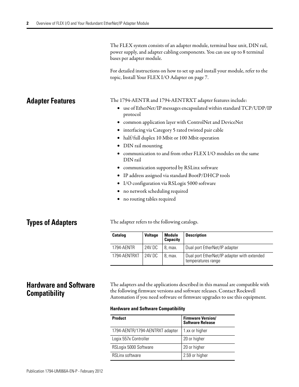 Adapter features, Types of adapters, Hardware and software compatibility | Rockwell Automation 1794-AENTR_AENTRXT FLEX I/O Dual Port EtherNet/IP Adapter Modules User Manual | Page 10 / 88