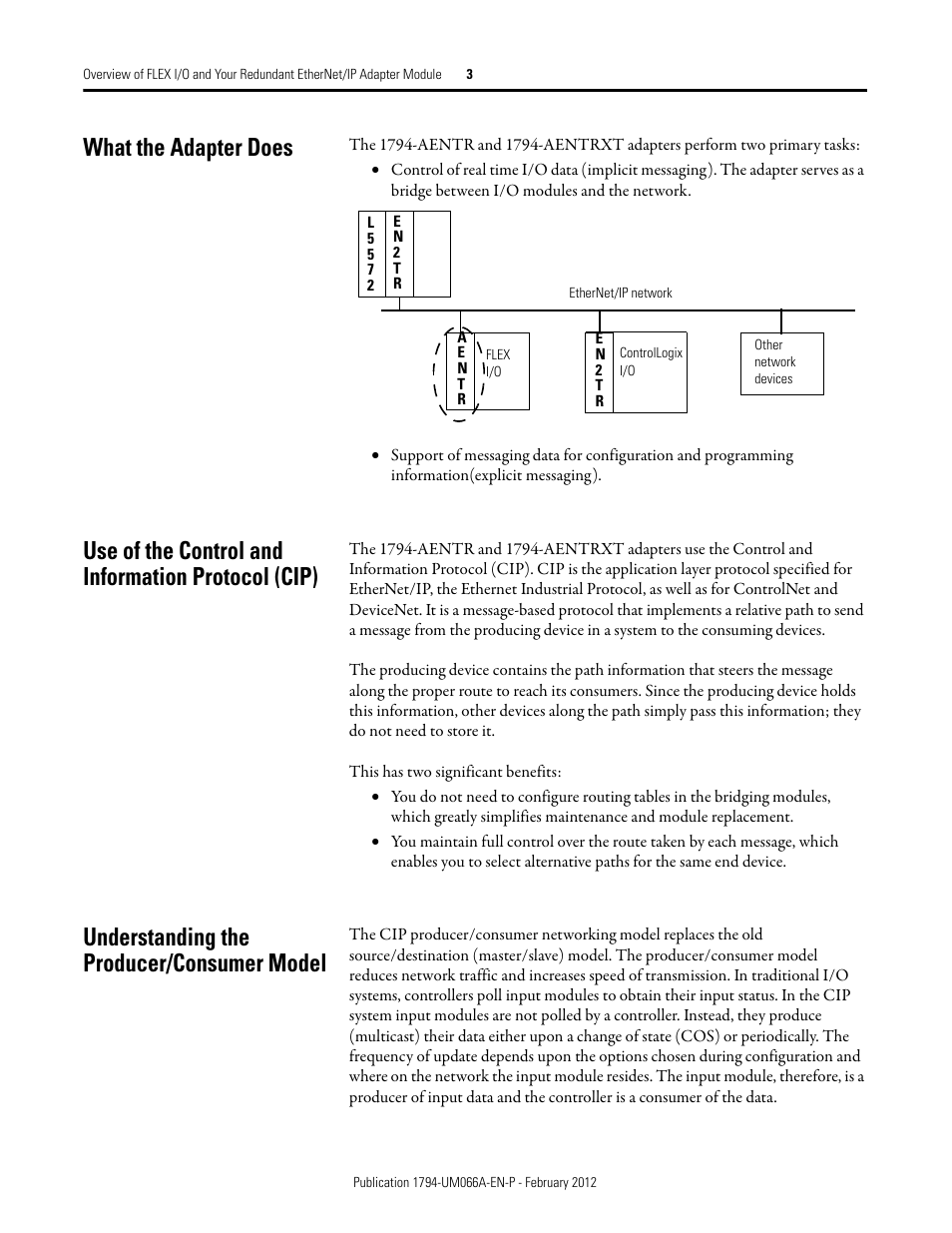 What the adapter does, Use of the control and information protocol (cip), Understanding the producer/consumer model | Rockwell Automation 1794-AENTR_AENTRXT FLEX I/O Dual Port EtherNet/IP Adapter Modules User Manual | Page 11 / 88
