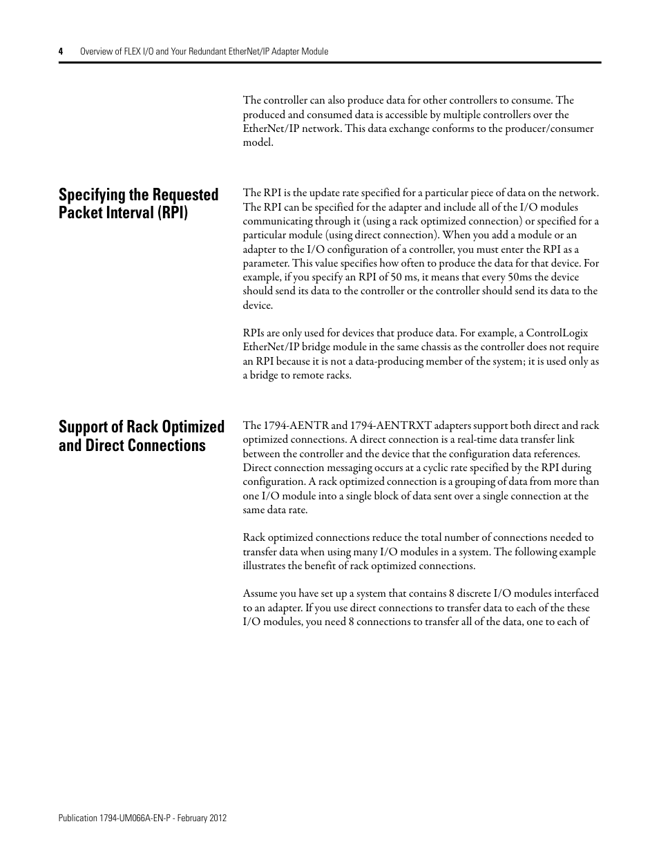 Specifying the requested packet interval (rpi), Support of rack optimized and direct connections | Rockwell Automation 1794-AENTR_AENTRXT FLEX I/O Dual Port EtherNet/IP Adapter Modules User Manual | Page 12 / 88