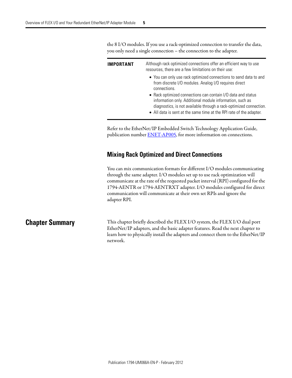 Mixing rack optimized and direct connections, Chapter summary | Rockwell Automation 1794-AENTR_AENTRXT FLEX I/O Dual Port EtherNet/IP Adapter Modules User Manual | Page 13 / 88