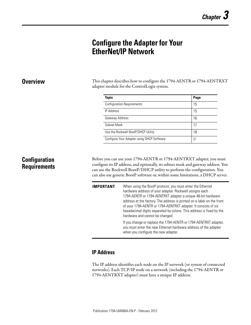 Overview, Configuration requirements, Ip address | Configure the adapter for your ethernet/ip network, Chapter 3, Overview configuration requirements, Chapter | Rockwell Automation 1794-AENTR_AENTRXT FLEX I/O Dual Port EtherNet/IP Adapter Modules User Manual | Page 23 / 88