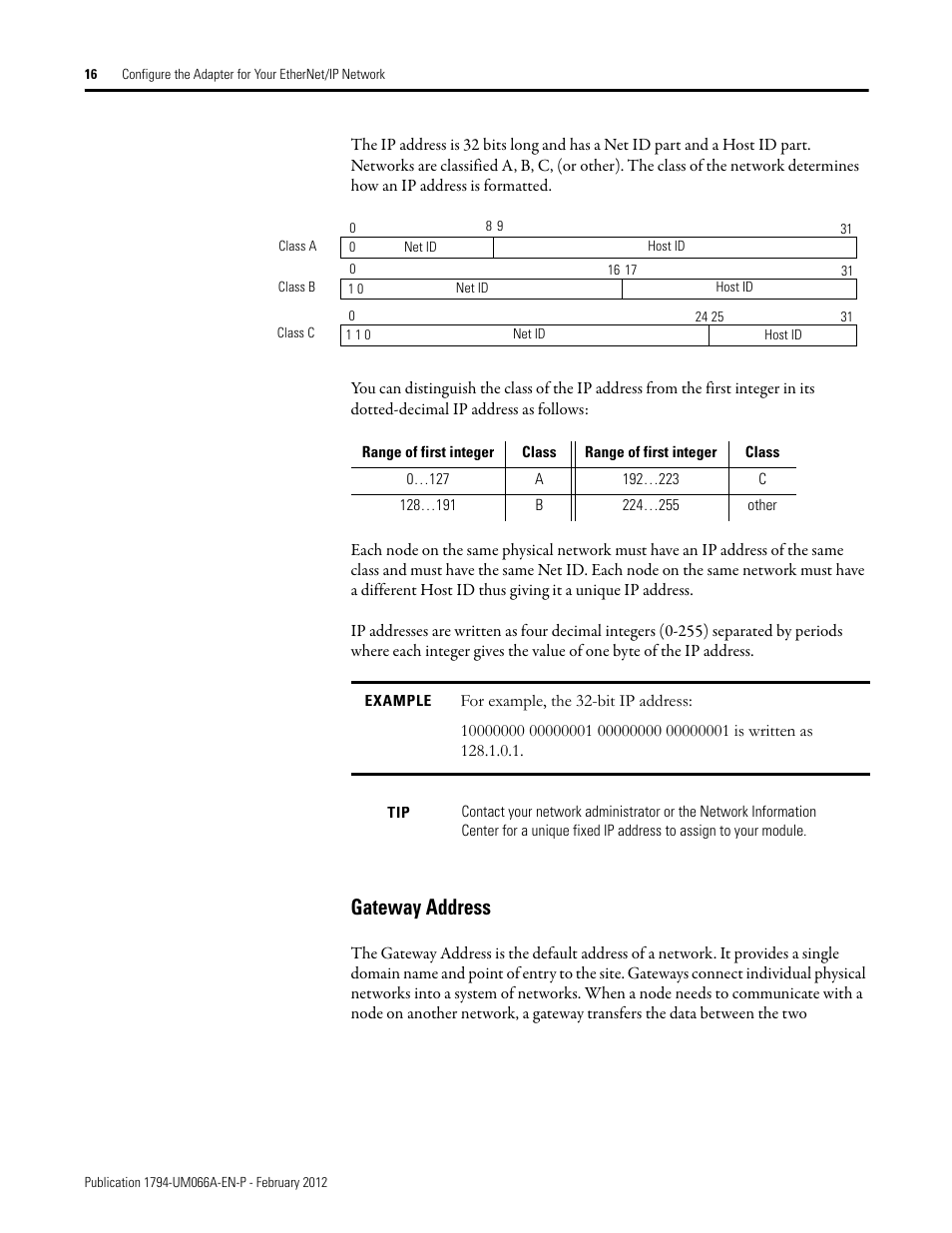 Gateway address | Rockwell Automation 1794-AENTR_AENTRXT FLEX I/O Dual Port EtherNet/IP Adapter Modules User Manual | Page 24 / 88