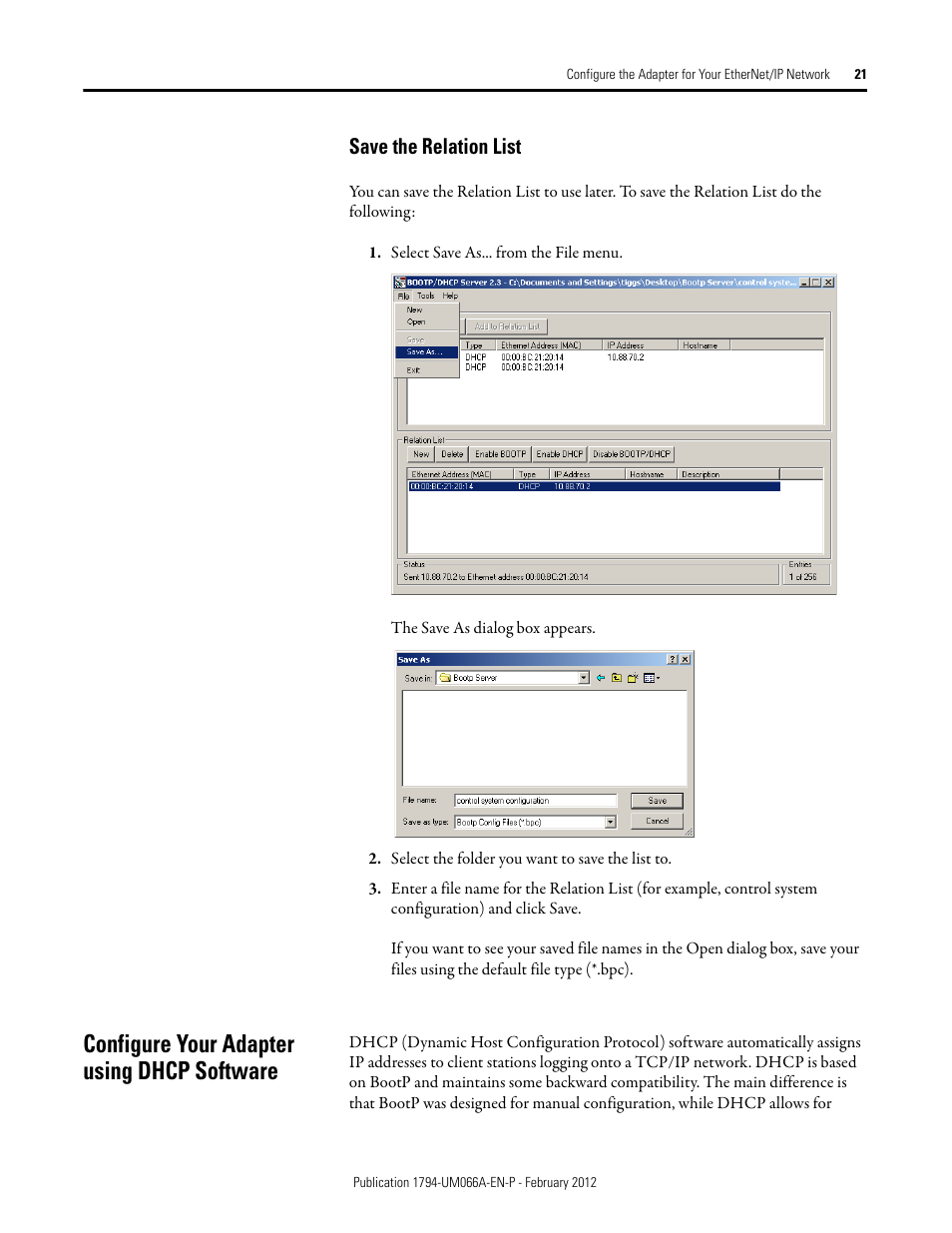 Save the relation list, Configure your adapter using dhcp software | Rockwell Automation 1794-AENTR_AENTRXT FLEX I/O Dual Port EtherNet/IP Adapter Modules User Manual | Page 29 / 88