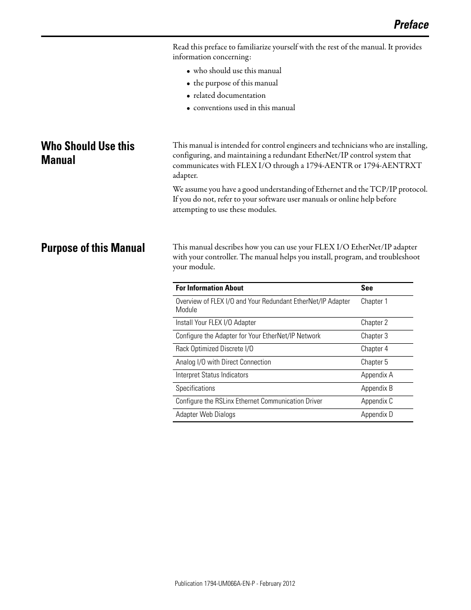 Preface, Who should use this manual, Purpose of this manual | Rockwell Automation 1794-AENTR_AENTRXT FLEX I/O Dual Port EtherNet/IP Adapter Modules User Manual | Page 3 / 88
