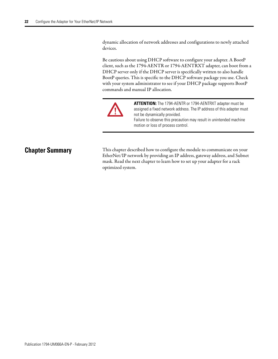 Chapter summary | Rockwell Automation 1794-AENTR_AENTRXT FLEX I/O Dual Port EtherNet/IP Adapter Modules User Manual | Page 30 / 88