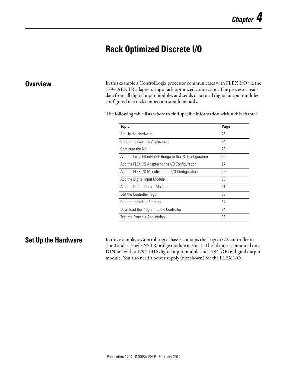 4 - rack optimized discrete i/o, Overview, Set up the hardware | Rack optimized discrete i/o, Chapter 4, Overview set up the hardware, Chapter | Rockwell Automation 1794-AENTR_AENTRXT FLEX I/O Dual Port EtherNet/IP Adapter Modules User Manual | Page 31 / 88