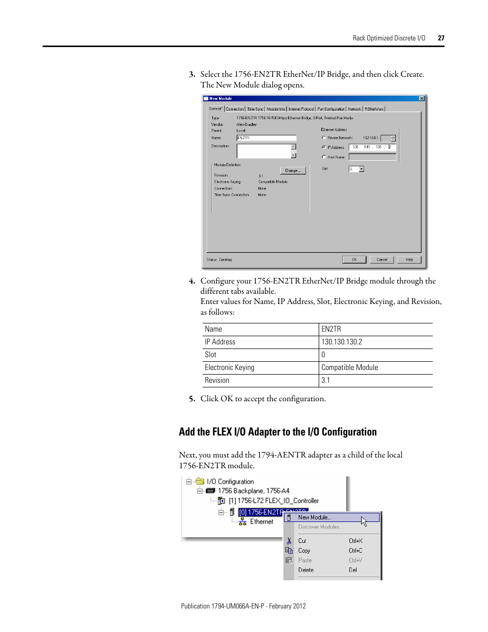 Add the flex i/o adapter to the i/o configuration | Rockwell Automation 1794-AENTR_AENTRXT FLEX I/O Dual Port EtherNet/IP Adapter Modules User Manual | Page 35 / 88