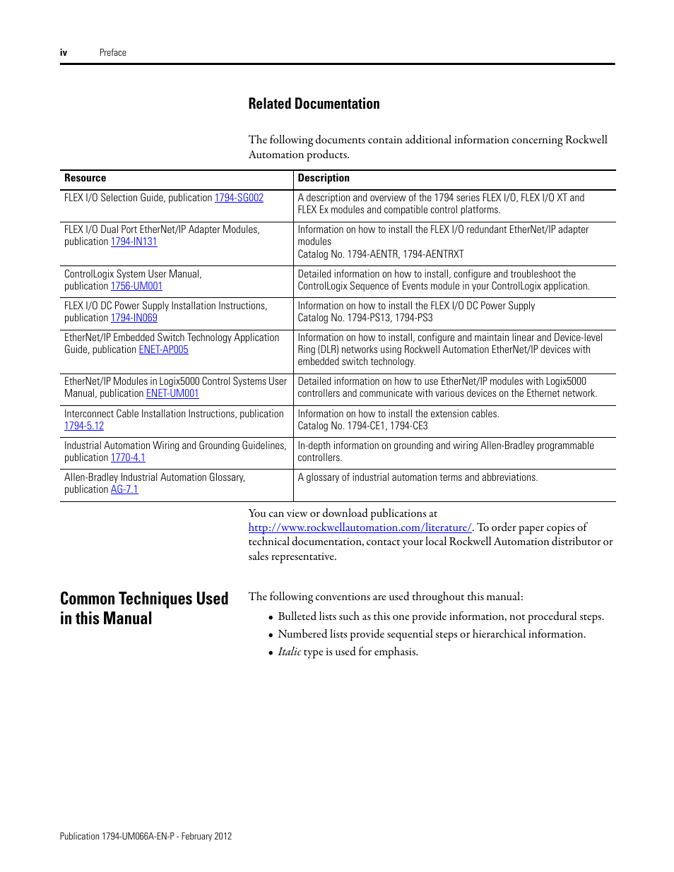 Related documentation, Common techniques used in this manual | Rockwell Automation 1794-AENTR_AENTRXT FLEX I/O Dual Port EtherNet/IP Adapter Modules User Manual | Page 4 / 88