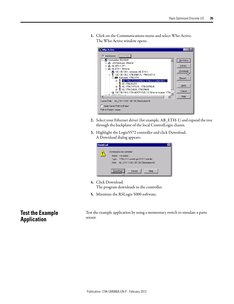 Test the example application | Rockwell Automation 1794-AENTR_AENTRXT FLEX I/O Dual Port EtherNet/IP Adapter Modules User Manual | Page 43 / 88