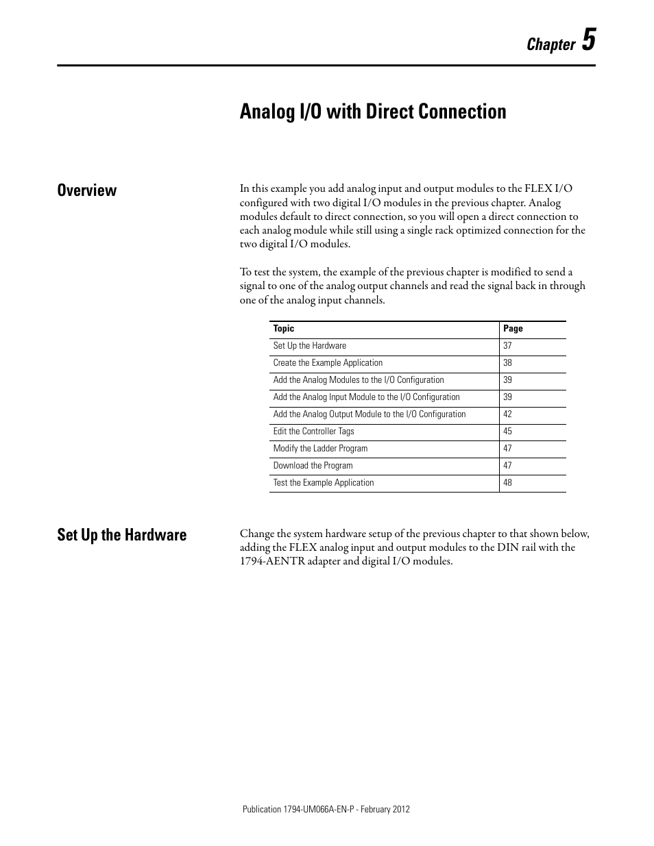 5 - analog i/o with direct connection, Overview, Set up the hardware | Analog i/o with direct connection, Chapter 5, Overview set up the hardware, Chapter | Rockwell Automation 1794-AENTR_AENTRXT FLEX I/O Dual Port EtherNet/IP Adapter Modules User Manual | Page 45 / 88