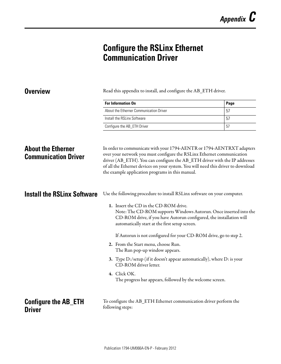 Overview, About the etherner communication driver, Install the rslinx software | Configure the ab_eth driver, Configure the rslinx ethernet communication driver, Appendix c, Appendix | Rockwell Automation 1794-AENTR_AENTRXT FLEX I/O Dual Port EtherNet/IP Adapter Modules User Manual | Page 65 / 88