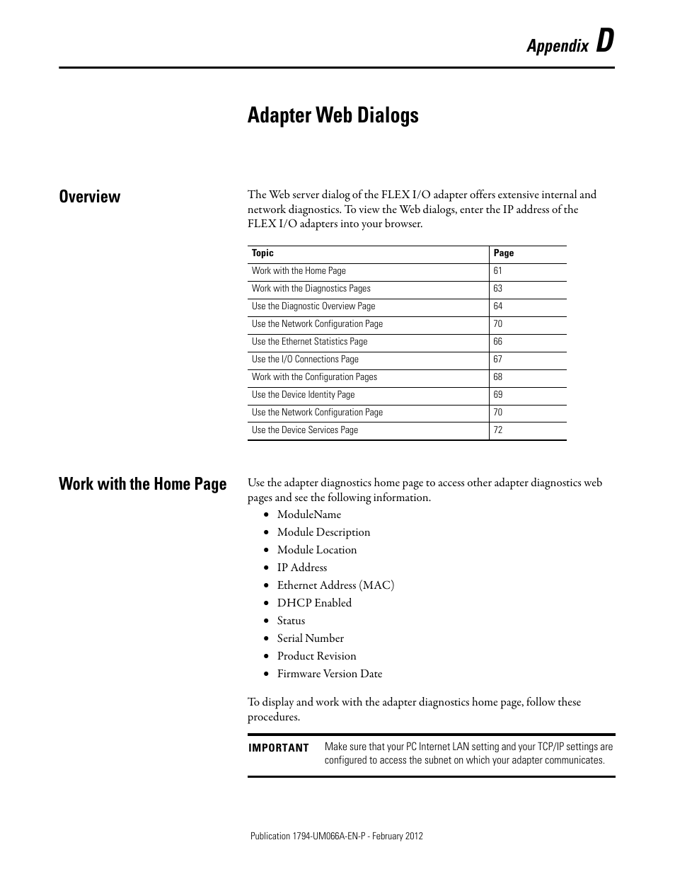 D - adapter web dialogs, Overview, Adapter web dialogs | Appendix d, Appendix, Work with the home page | Rockwell Automation 1794-AENTR_AENTRXT FLEX I/O Dual Port EtherNet/IP Adapter Modules User Manual | Page 69 / 88