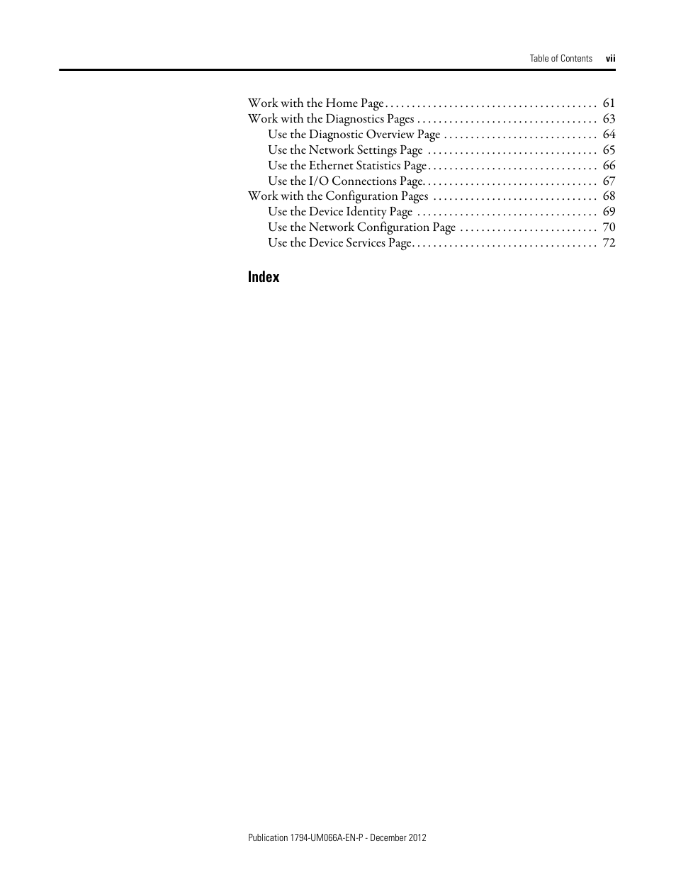 Index | Rockwell Automation 1794-AENTR_AENTRXT FLEX I/O Dual Port EtherNet/IP Adapter Modules User Manual | Page 7 / 88