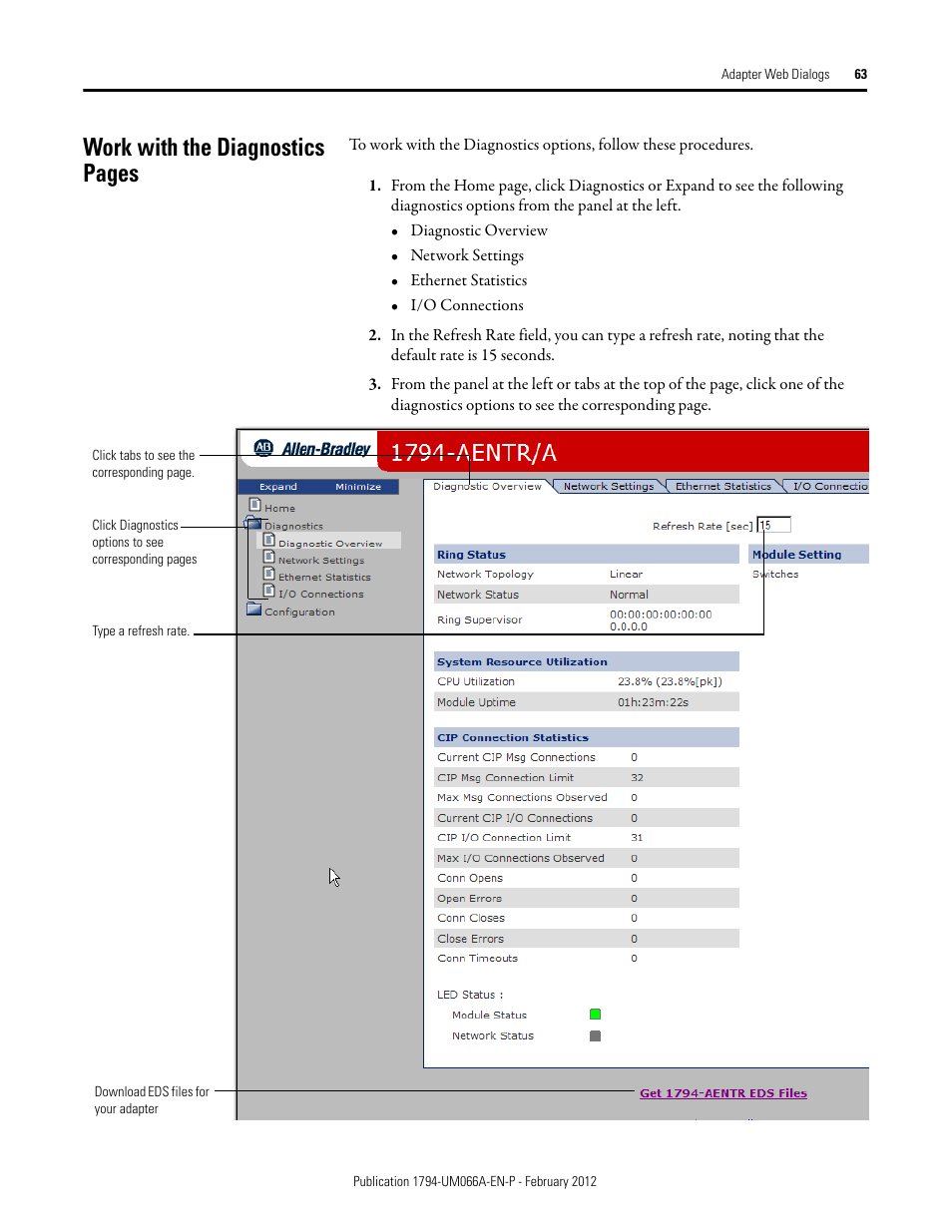 Work with the diagnostics pages | Rockwell Automation 1794-AENTR_AENTRXT FLEX I/O Dual Port EtherNet/IP Adapter Modules User Manual | Page 71 / 88